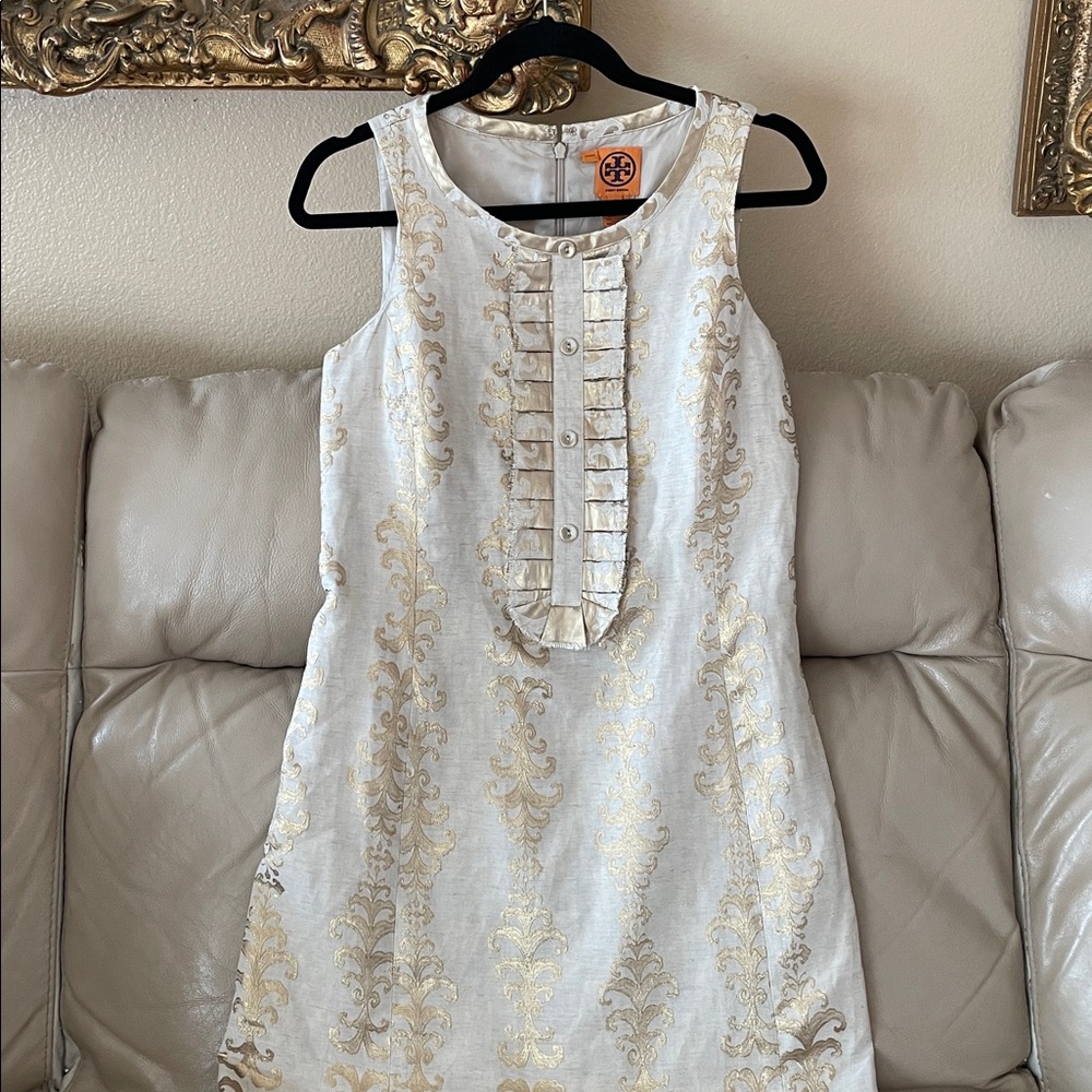 $450 Tory Burch Maggie Gold Brocade Sleeveless Shift Dress - Picture 9 of 9